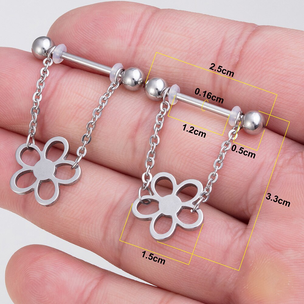 2 Stuks Gothic Sexy Piercings Tepel Ringen Barbell 316L Stalen Handboeien Ster Voeten Bloem Chain Dangle Tepel Sieraden Voor Vrouwen 14G: NP11038-6