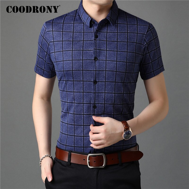 COODRONY Men Shirt Spring Summer Short Sleeve Business Casual Shirts Mens Clothes Slim Fit Plaid Camisa Masculina C6013S