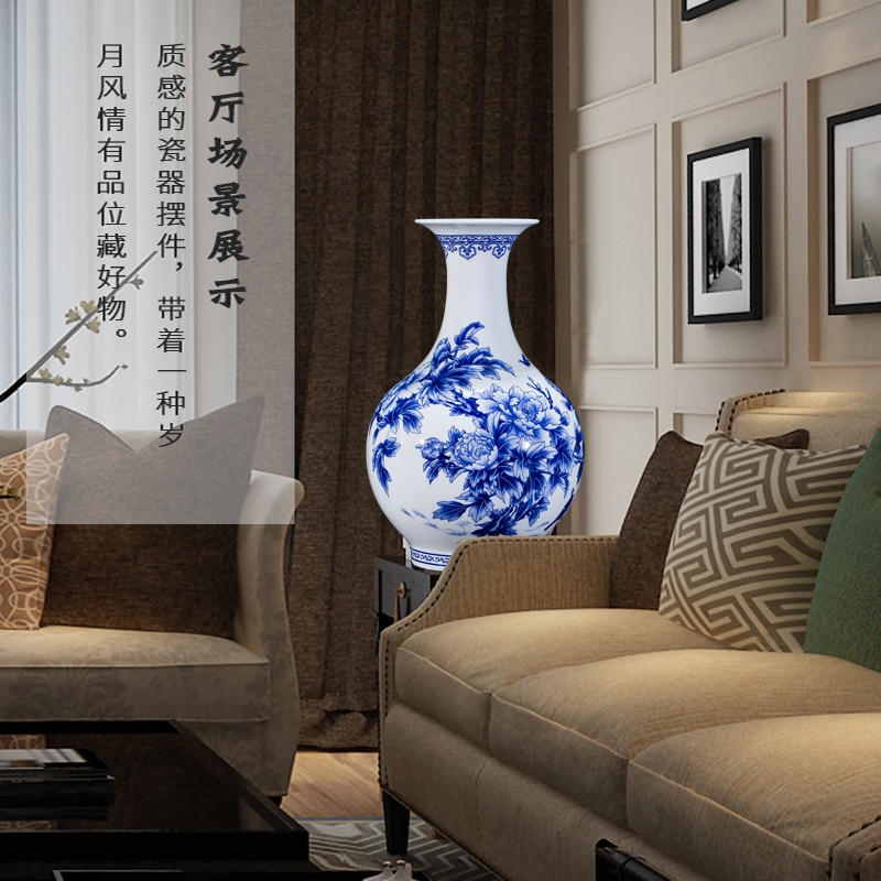 Kinesisk stil jingdezhen blå og hvid porcelæn vaser fine ben porcelæn vase pæon dekoreret keramik vase