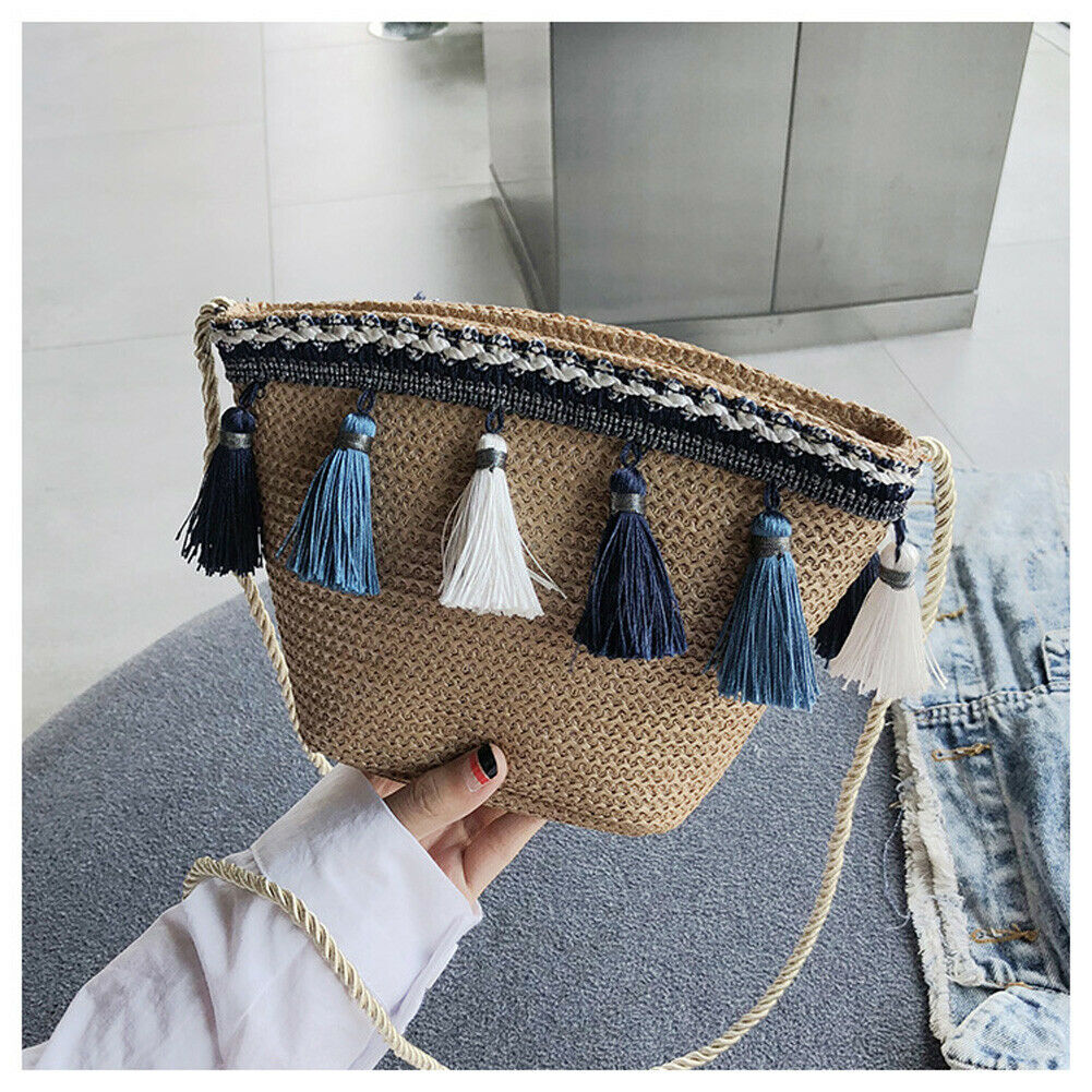 Donna di modo di Paglia Crossbody Borsa Delle Signore di Sacchetto casuale A Tracolla Piccola Nappa Borsa Da Spiaggia proprietà Borsa lembo Rattan Borsa per Le Donne: Cachi