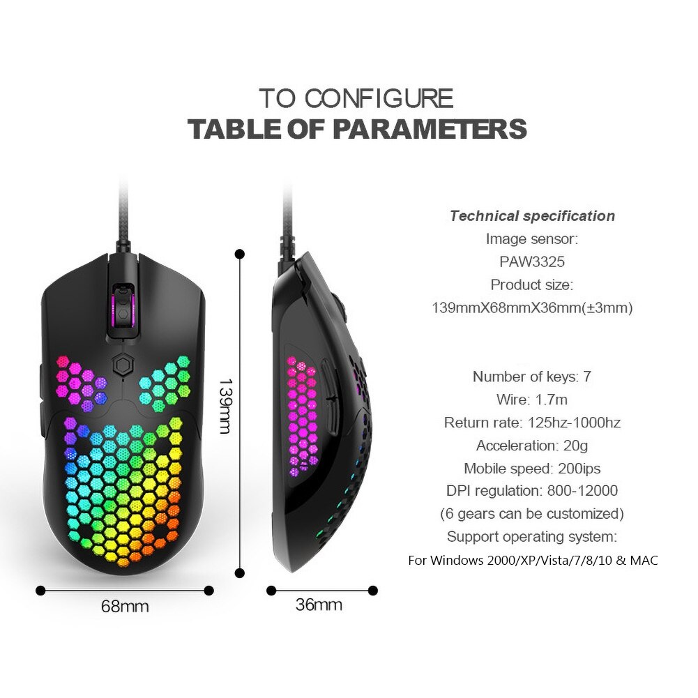 M5 hule rgb-lys 16000 dpi 7 -knaps kablet gaming mus til pc computer