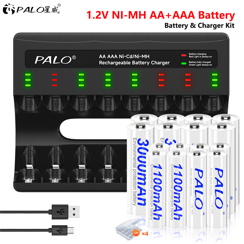 1.2V AA AAA NIMH Baterías Recargables 2A 3A + 8 Ranuras USB-C Cargador de Batería Rápido Con cable para juguetes linterna Ratón Mando a Distancia