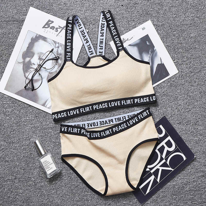 Women Lingerie Set Cotton Screw Thread Push Up Bra Set Letter Print Women Bra Panties Set Comfort Underwear: apricot