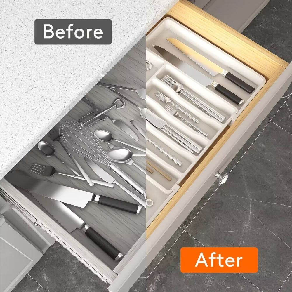 Silverware Organizer, Expandable Kitchen Drawer Organizer Utensil Organizer, Plastic Spoons Forks Knives Holder Storage Dividers