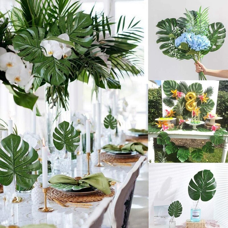 48 stk falske palmeblader og kunstige monstera-blader, tilbehør til hjemmebryllup-temafest grillbordbladdekorasjoner