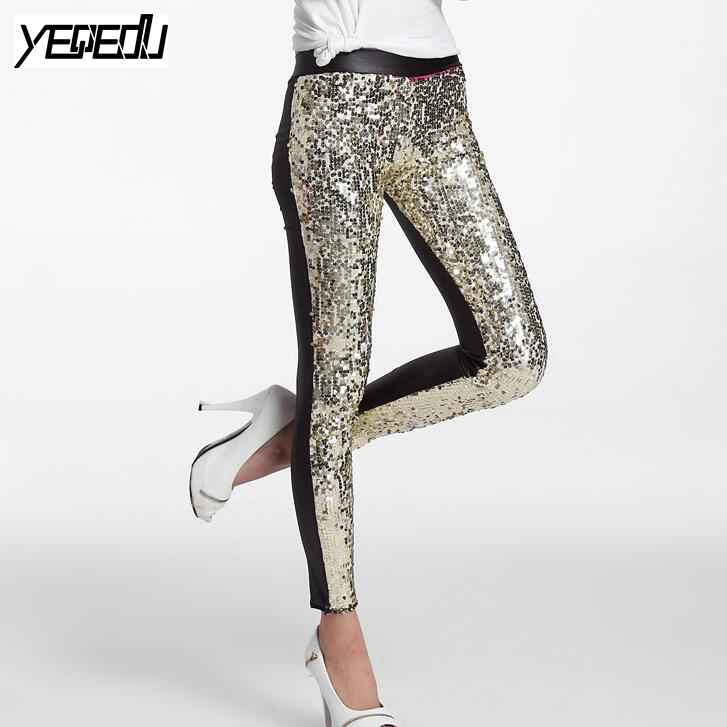 #0503 vår sommar punk pu paljetter leggings paljett byxor elastisk hög midja sexig klubb konstläder glänsande silver/guld/röd: Guld-