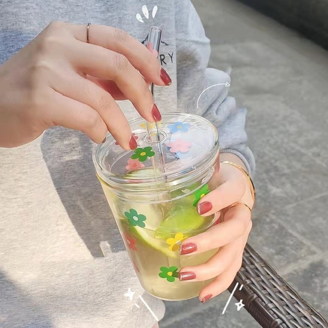 High Borosilicate Glass Colorful Flower Coffee Mug with Straw and Lid Transparent Drinking Milk Tea Cups Drinkware
