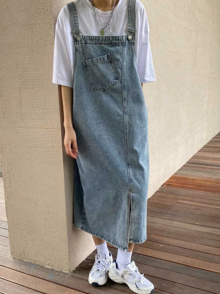 Forår sommer denim overall kjole kvinder ærmeløse jeanskjoler dame ensfarvet slip afslappet løse spaghettistropper kjoler: Xxl