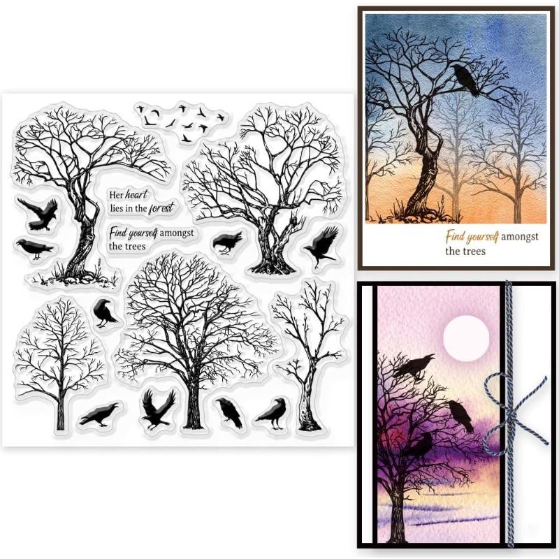 1Sheet Trees Clear Stamps for DIY Scrapbooking Crow Birds Silicone Clear Stamp Seals 15x15cm Transparent Stamps for Cards Making