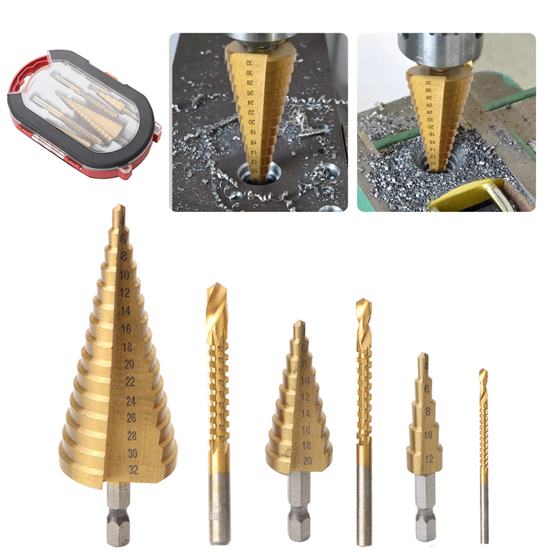 Stegborr och borrkrona fräs 6 st/set försänkning för metall/trä，borr för metallkon 32mm, -stegs ljus