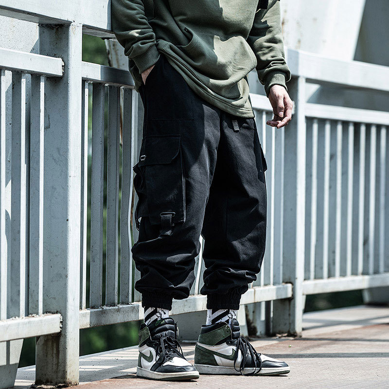 Streetwear cargo bukser herre plus size hip hop sidelomme casual løs svart joggebukse
