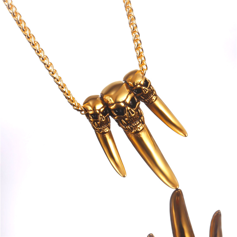 Starlord Punk Wolf Zahn Anhänger Halskette Edelstahl/Gold Farbe 3 Schädel Kopf Charme Amulett Männer Schmuck GP2458