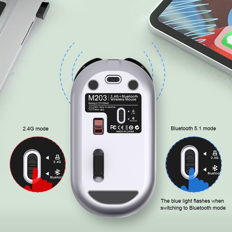 Rechargeable Dual Mode Mouse - Bluetooth 5.1 + 2.4G Wireless - Optical USB - 1600 DPI - Ergonomic for PC Mac iPad Android