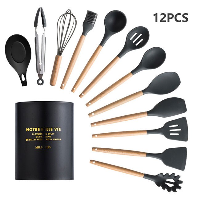 Batterie de cuisine en silicone avec poignée en bois Ensemble de cuisine Ensemble de batterie de cuisine Batterie de cuisine antiadhésive Accessoires de cuisine avec boîte de rangement en acier inoxydable: BLACK-13PCS