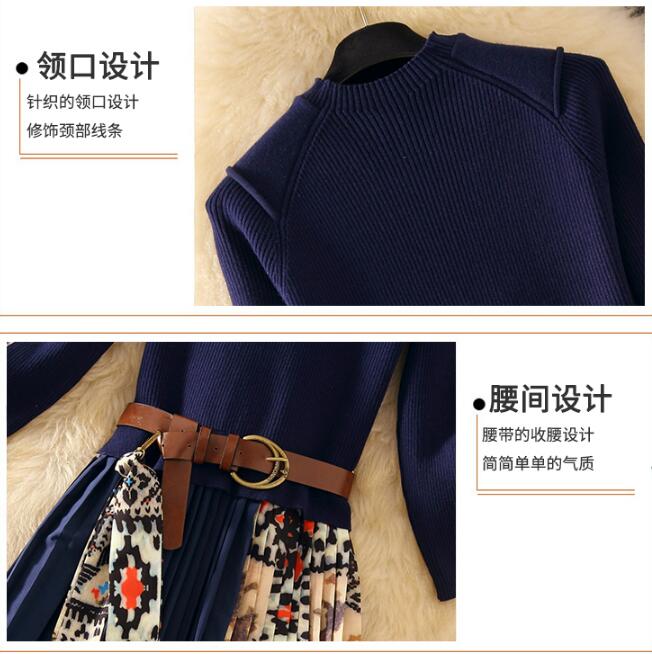 Dzianinowa, patchworkowa, plisowana sukienka midi na jesień i zimę, damska, z długim rękawem, etniczna, retro, z nadrukiem, plisowana sukienka