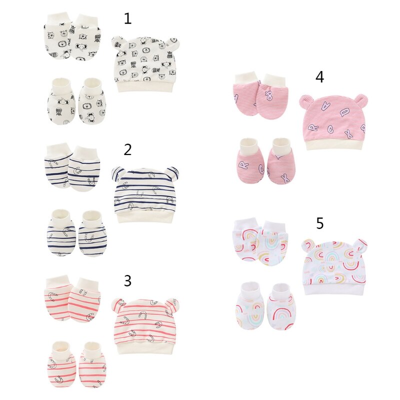 Baby Anti Scratching Cotton Gloves+Ears Hat+Foot Cover Set Mittens Socks Beanie 124D