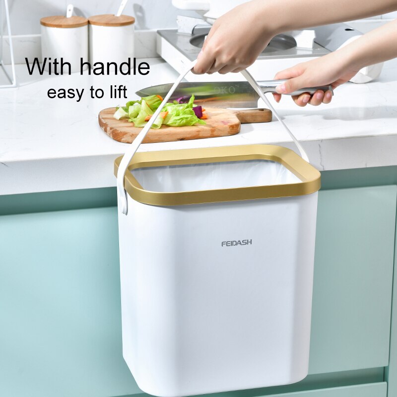 15L Kitchen Bathroom Trash Can with Handle Golden Luxury Square Trash Bin Office Paper Recycling Wastebasket Storage Box