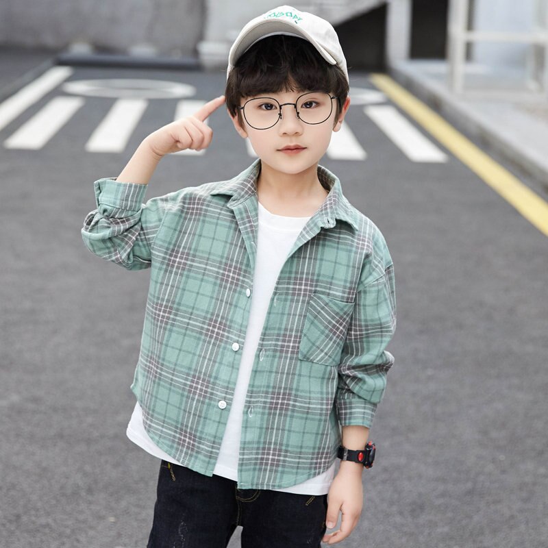 Camisas clásicas de manga larga a cuadros para niños, ropa coreana para niños de 4, 5, 6, 7, 8, 9, 10, 11, 12 y 13 años, primavera y otoño: Verde / 9