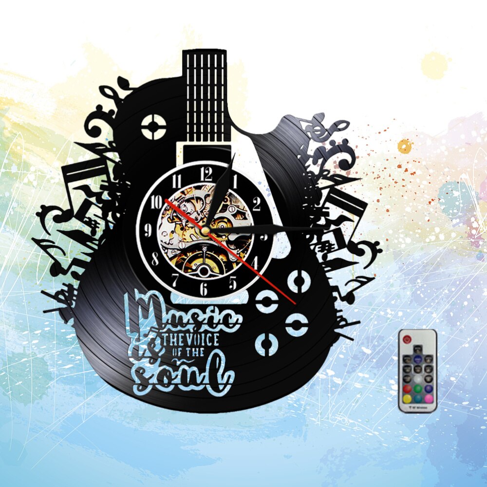 Reloj de pared de vinilo con forma de guitarra, colgante, , LED decorativo, sin lámpara, 1 ud.: Black