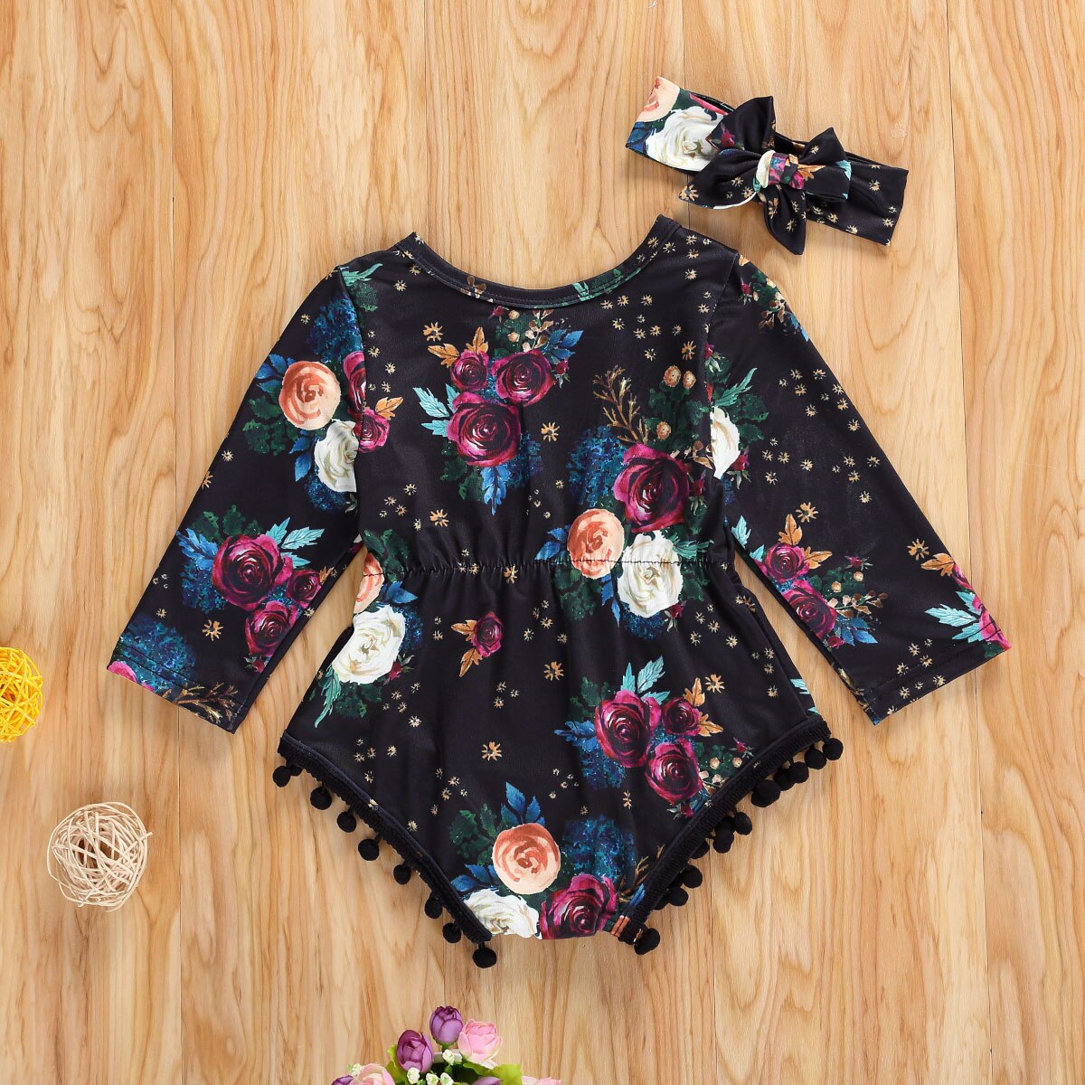 Pasgeboren Baby Meisje Jongen Lange Mouw Melk Zijde Jumpsuits Lente Herfst Bodysuit Kwastje Ballen Bloemen Playsuit Hoofdband