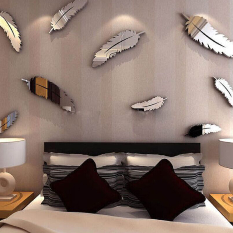 3D Mirror Wall Sticker Feather DIY Art Mural Home Room Decor Acrylic Decals: Silver