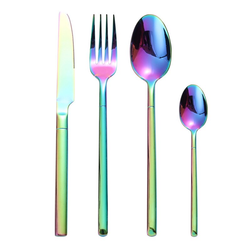Spejl guld stål bestik sæt spisestel gaffel ske kniv sæt western restaurant rustfrit stål bordservice ske og gaffel sæt: Lf7 regnbuer 1 sæt
