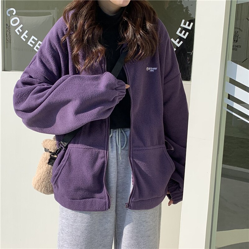 Hættetrøjer kvinder lynlås-nedslået krave trykt lomme langærmet koreansk stil trendy afslappet bf ulzzang harajuku kvinders dagligt