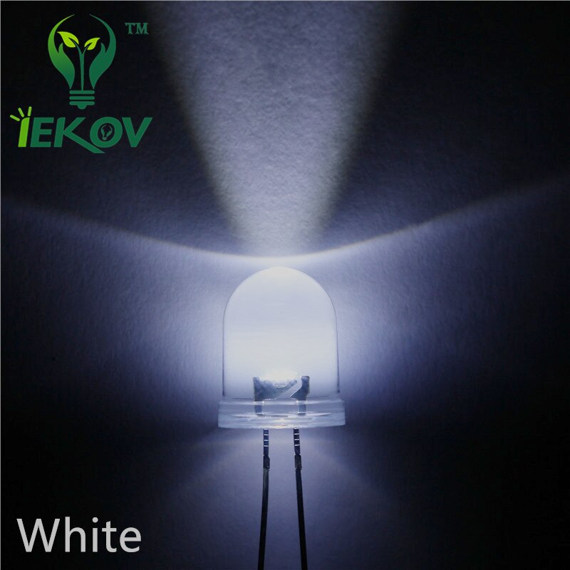 100 stk led 10mm led hvide lys diodeultra lyse super lyse 30000 mcd lampe pære 10mm runde emitterende dioder