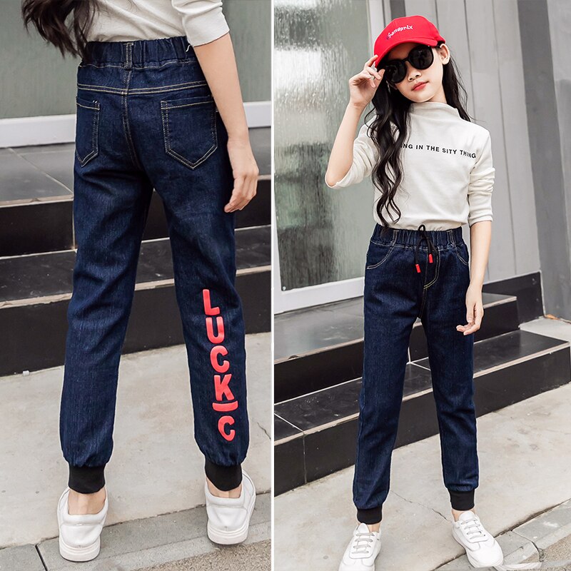 Teenager pige smarte jeans 6y-16y store piger casual denim bukser forår efterår teenager børn bogstav almindelige jean bukser 6 8 10 12 14 16: 045 mørkeblå / 14