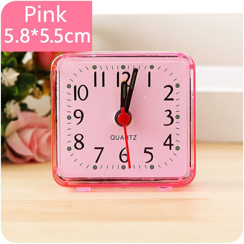 Reloj despertador cuadrado para cama pequeña, relojes de viaje compactos para niños, escritorio de estudiante, mesita de noche, mesa de hogar, pitido de cuarzo, lindo y portátil: Rosa