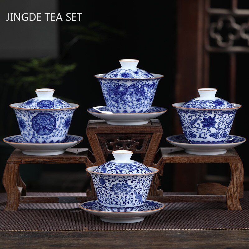 Taza de té de cerámica de Jingdezhen, tazón de té de porcelana azul y blanca hecho a mano, accesorios de té de porcelana china
