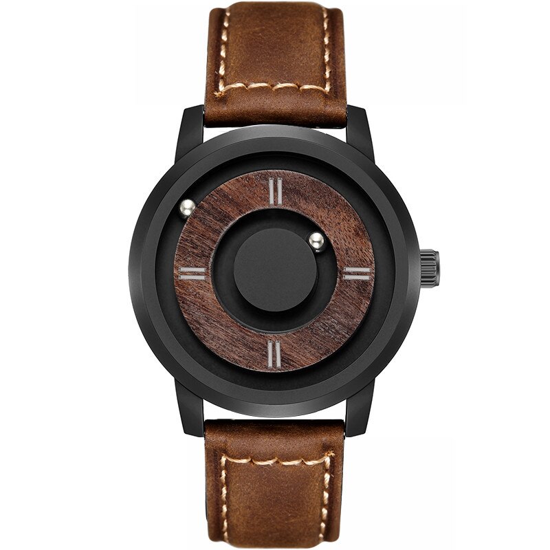 Casual Hout Horloges Mannen Houten Dial Mens Casual Quartz Horloge Creatieve Stijl Magnetische Bal Band Band Cool Horloges: brown leather