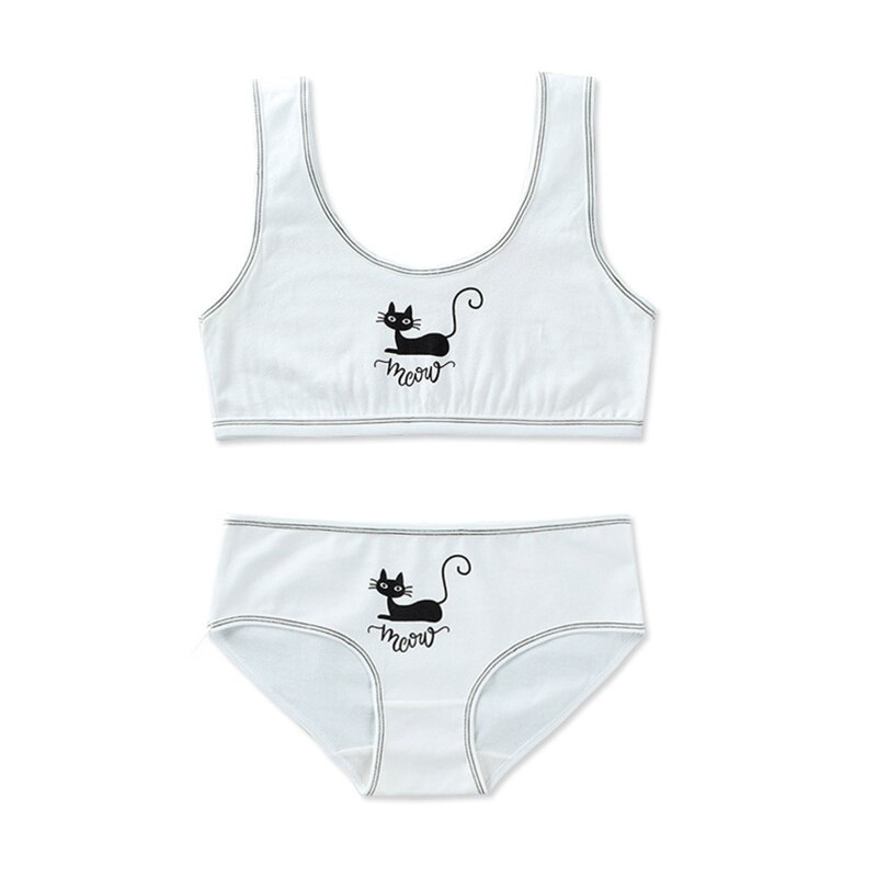 Adolescenti ragazze 2 pezzi Set di biancheria intima simpatico gatto nero stampa cinturino largo reggiseno da allenamento gilet a righe Top e mutandine abbinate sport U: White