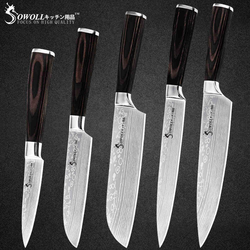Sowoll Stainless Steel Cooking Knife Damascus Pattern Blade Chef Slicing Santoku Utility Paring Knife Camping Cooking Tools: B.5PCS SET