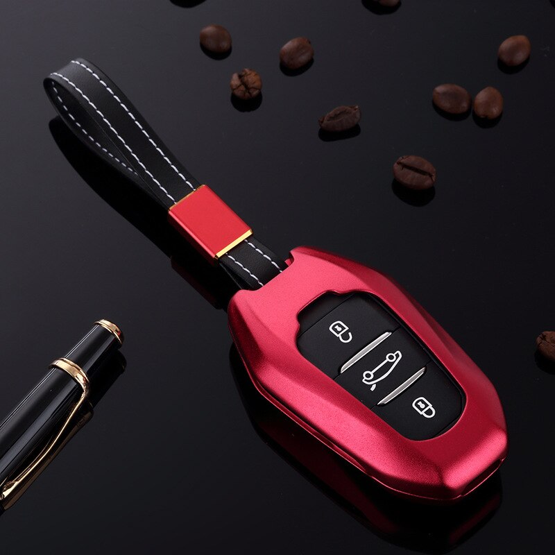 Aluminum Alloy Car Key Case Keyless Entry Remote Shell Cover Holder Keychain for Peugeot 408 308 3008 301 508 4008 5008: Red