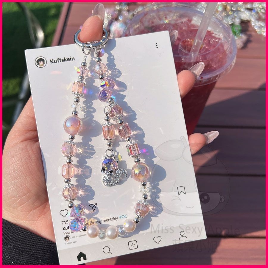 Handmade Beaded Phone Chain Full Diamond Fox Pendant Zircon Pearl Crystal Wrist Style Phone Chain Rope Hanging Rope Lanyard: Pink