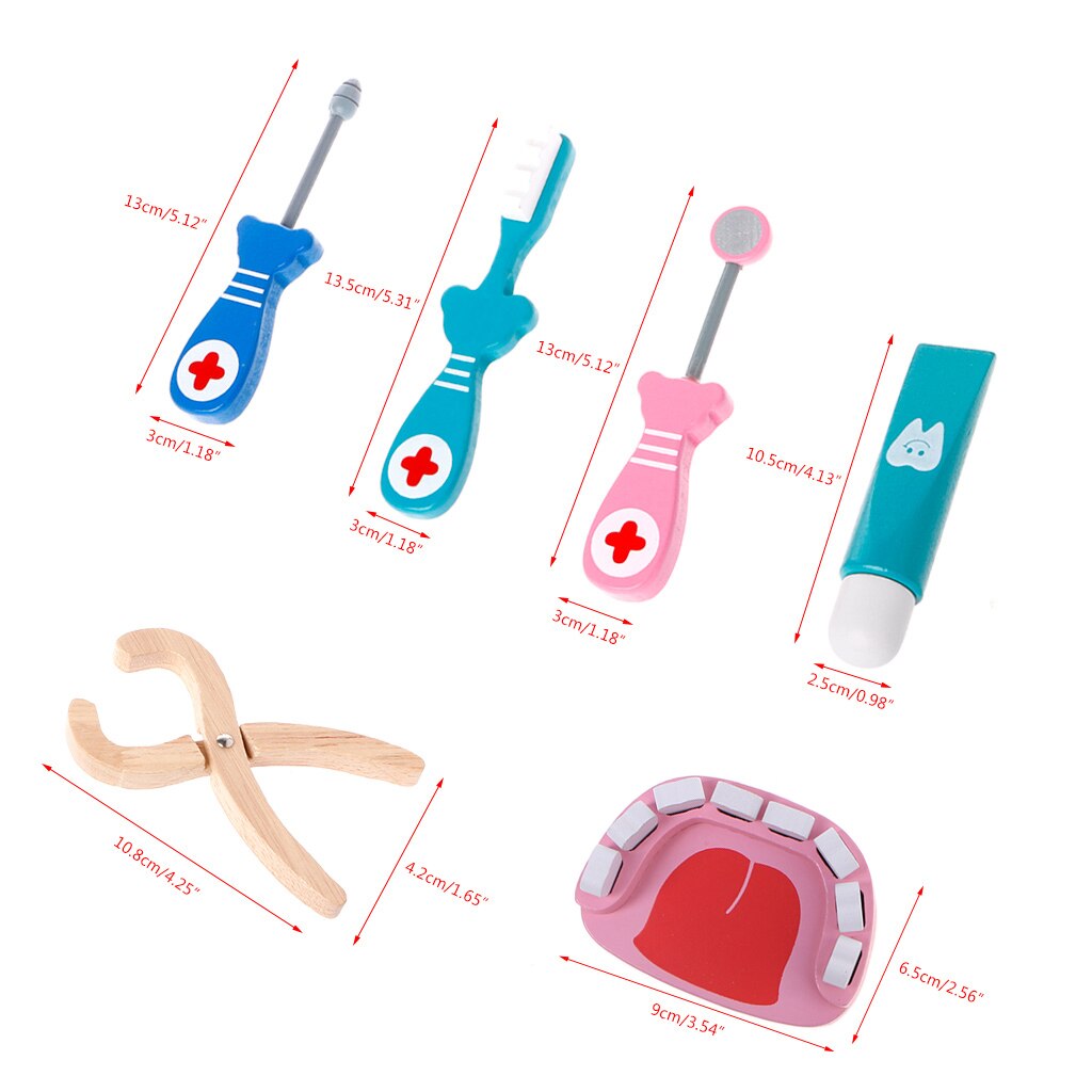 6 stk babylegetøj lægesæt legetandværktøj i træ simulationsmedicinæske