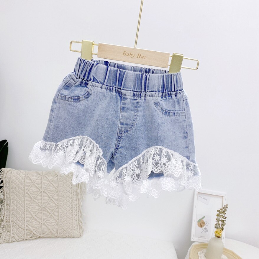 Söta tjejer spets jeans korta barnshorts för sommaren baby barn jeansshorts byxor resor strand korta kläder