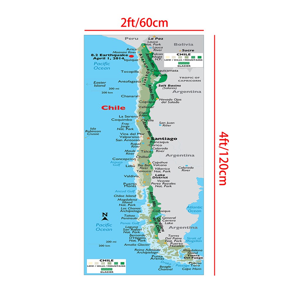 60*120 cm The Chile Orographic Map Political Map Wall Art Poster Canvas Painting Living Room Home Decoration School Supplies