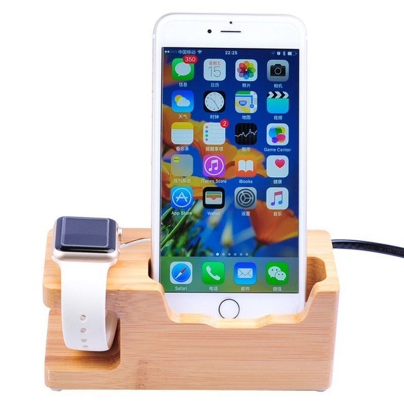3-Hafen Usb Ladegerät Für Apfel Uhr & Telefon Organizer Stehen, Wiege Halfter, 15W 3A Schreibtisch Bambus Holz Ladestation Für Iwatc