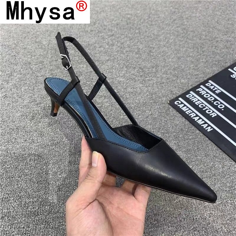 Sandalias altas de piel sintética para mujer, zapatos puntiagudos de tacón medio negro, cómodos, con hebilla, para verano,