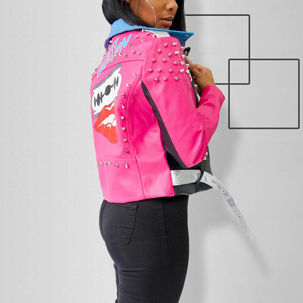 Frauen Niet Druck Revers Kontrast Farbe Zipper PU Leder Modische Mantel Lange-sleeve Kurze Jacke