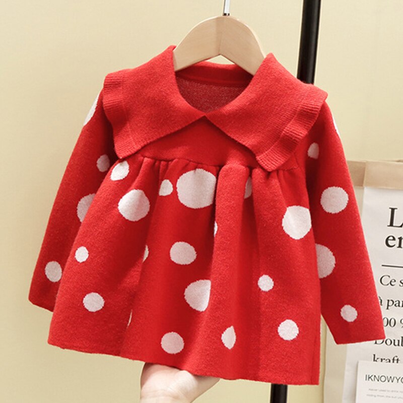 Ropa de invierno para niña bebé , suéter para bebé, muñeca de manga larga con solapa y lunares, ropa de invierno para niña bebé: RED / 24 meses