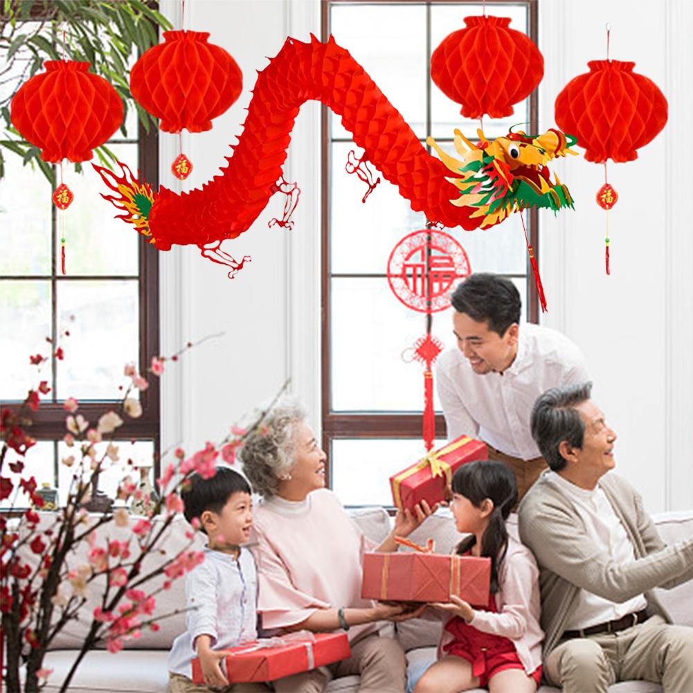 21PCS Chinese Dragon Lantern Set 1.5m Chinese Dragon Garland Banner Folding Red Lantern Chinese Year Decoration