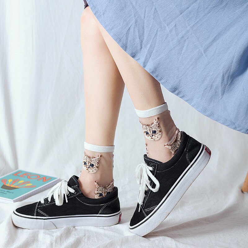 3 par kvinnor och #39 sommar genomskinliga nätstrumpor tecknad söt kattstrumpa bomull glasfilament tunna damstrumpor som andas