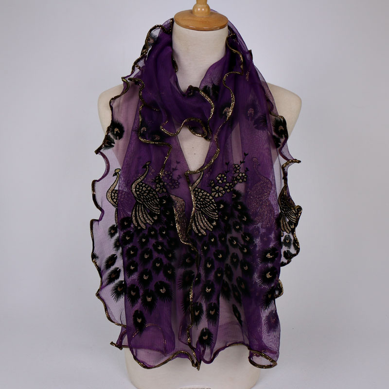 Peacock Flower Print Scarf Shawl Wrap Women Multi-Color Pashmina Scarf Soft Veil Stoles Scarves Popular Neckscarf Hijabs: black