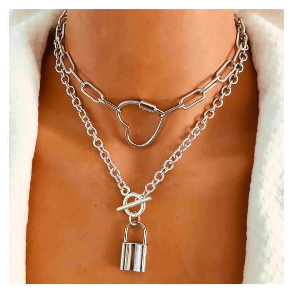 Lislesp Vintage Silver Color Metal Lock Pendant Necklace for Women Choker Statement Collar Party Jewelry