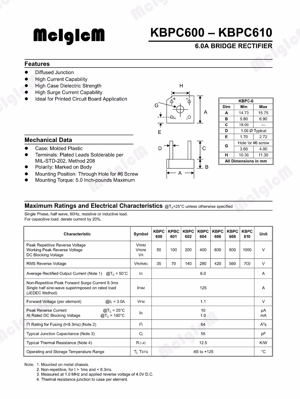 Mcicicm 5 piezas 6A 1000V diodo puente rectificador kbpc610