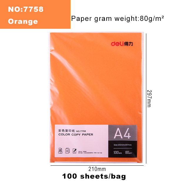 Deli Color Copy Paper A4 Color Computer Printing Paper 100 Sheets/Pack Student Hand-cut Paper-cut Office Supplies: 7758-Orange