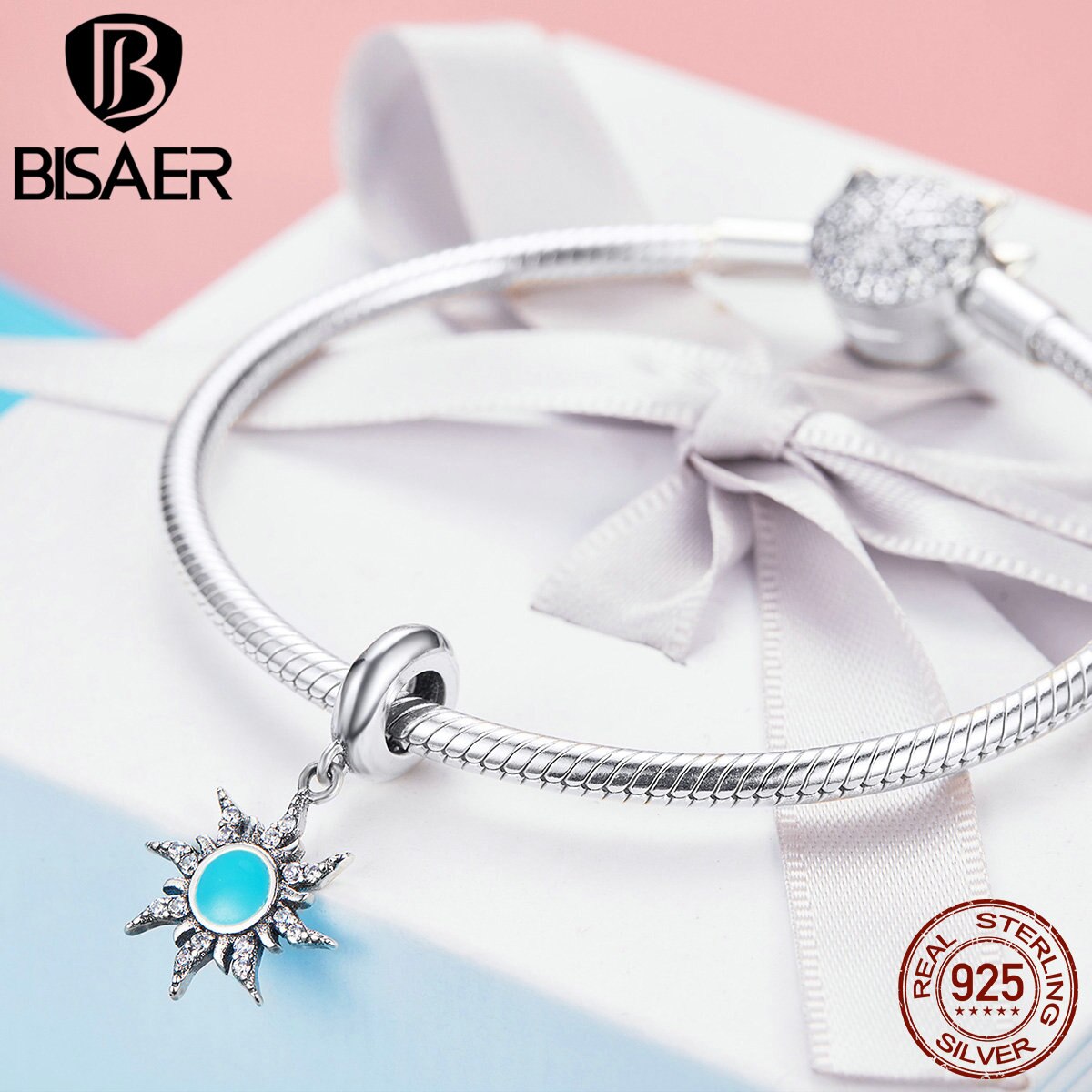 BISAER Vintage 925 Sterling Silver Sunny Sun Shape Lucky Charms Pendant fit for Bracelets Necklaces Silver Jewelry ECC1068